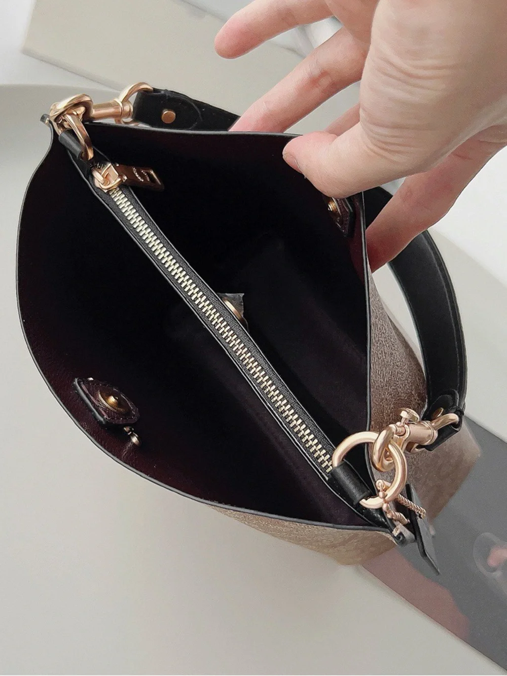 Coach Khaki/Brown Signature Canvas Bucket Crossbody